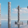 Garden Ornaments Stone Carved Pillars with Various Intricate Designs Against Blue Sky and Reflective Surface