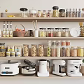 Organized Kitchen Shelves With Kitchenware Storage Jars Appliances Utensils And Fresh Ingredients