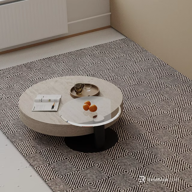 Modern Round Marble Side Table With Magazine Tray And Oranges On Patterned Rug 3d model