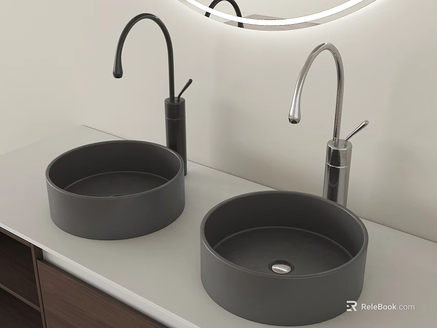 Modern Double Gray Washbasins With Black And Silver Faucets On White Countertop 3d model 