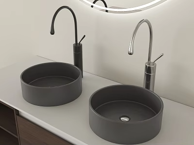 Modern Double Gray Washbasins With Black And Silver Faucets On White Countertop 3d model
