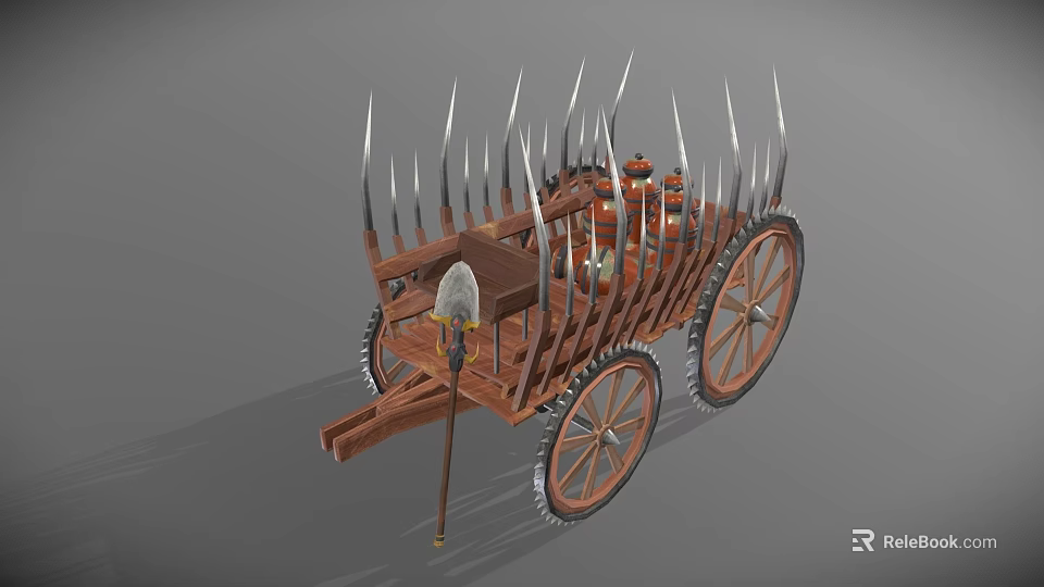Ancient War Chariot Featuring Wooden Structure Spikes Large Wheels And Jars 3d model 