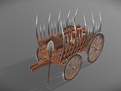 Ancient War Chariot Featuring Wooden Structure Spikes Large Wheels And Jars 3d model