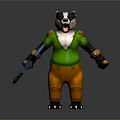 Anthropomorphic Badger Game Character Wearing Green Shirt Orange Pants Holding Blue Shovel