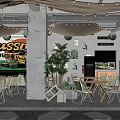 Casual Restaurant Interior Featuring String Lights Wooden Tables Green Plants And Vintage Car Sign
