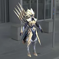 Man in Gold and White Ornate Armor With Elaborate Back Decorations by Modern Glass Building