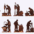 Multiple Workers Silhouette Sculptures Showing Functional Construction Scenes