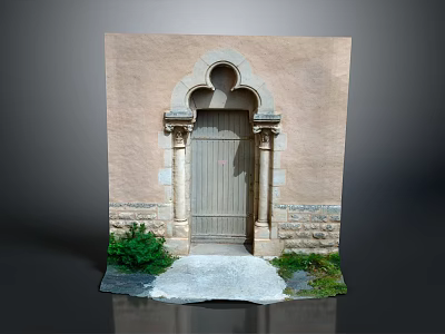 Beige Wall Arched Entrance Gate With Wooden Door Stone Pillar Decorations And Green Plants Path 3d model