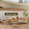 Outdoor Terrace Tent Setup With Wooden Table Chairs Plants And Bamboo Decorations