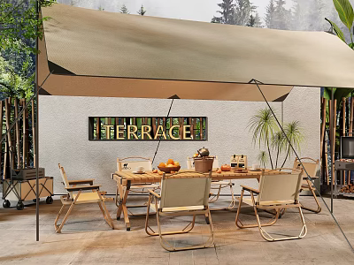 Outdoor Terrace Tent Setup With Wooden Table Chairs Plants And Bamboo Decorations 3d model