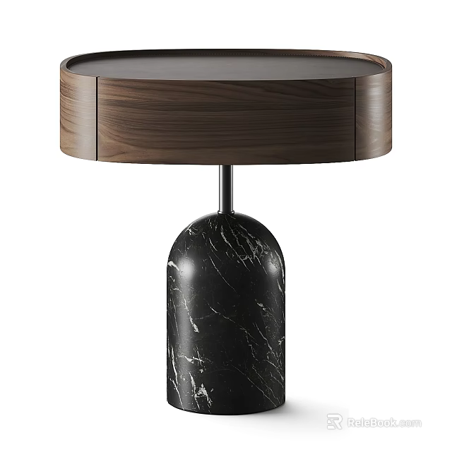 Modern Walnut Wood Bedside Table With Drawer And Black Marble Base Design 3d model 