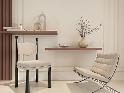 Minimalist Interior Beige Upholstered Leisure Chair With Metal Frame And Wall Shelf Decor 3d model