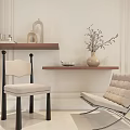 Minimalist Interior Beige Upholstered Leisure Chair With Metal Frame And Wall Shelf Decor