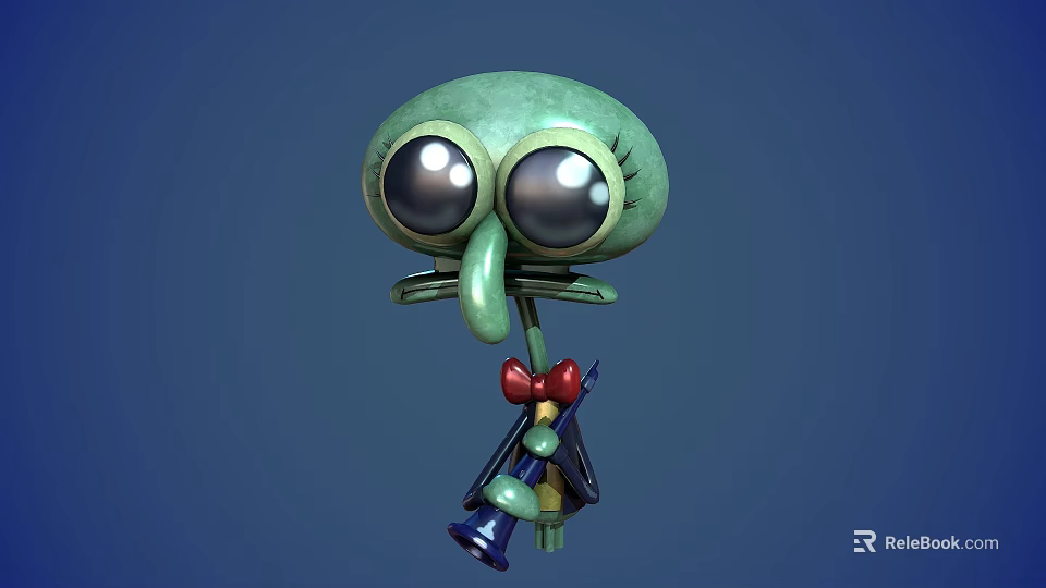 Green Animated Creature With Large Eyes Long Nose Red Bow Tie Holding Blue Object 3d model 