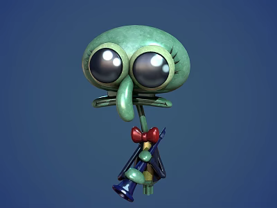 Green Animated Creature With Large Eyes Long Nose Red Bow Tie Holding Blue Object 3d model