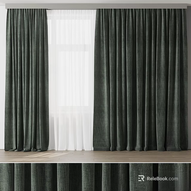 Dark Green Thick Curtains With White Sheer Panels And Elegant Drape For Window 3d model