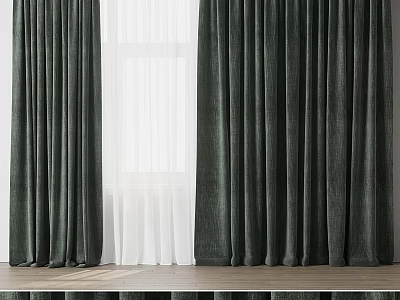 Dark Green Thick Curtains With White Sheer Panels And Elegant Drape For Window 3d model