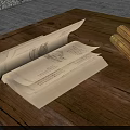 Open Old Book With Drawings On Pages Next To Rolled Bamboo Scrolls On Wooden Table