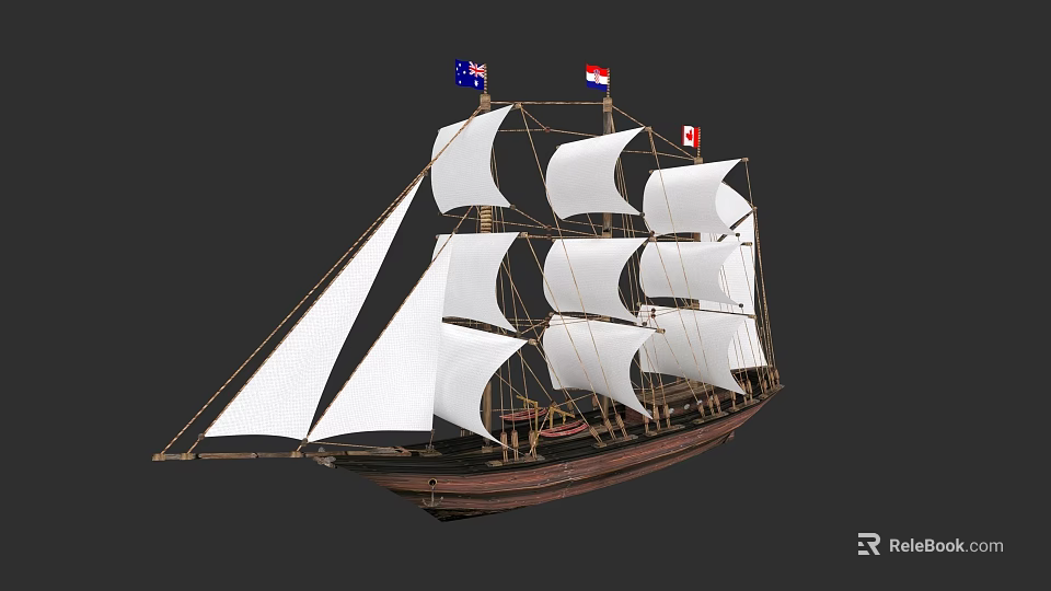 Detailed Sailing Ship Model Featuring White Sails And Multiple Flags On Wooden Hull 3d model 
