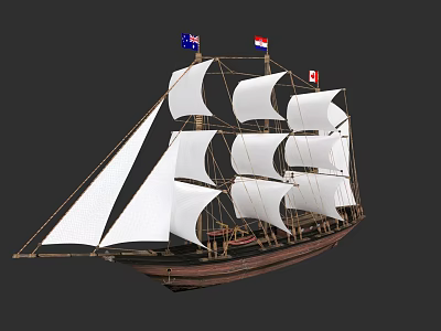 Detailed Sailing Ship Model Featuring White Sails And Multiple Flags On Wooden Hull 3d model