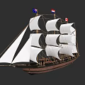 Detailed Sailing Ship Model Featuring White Sails And Multiple Flags On Wooden Hull