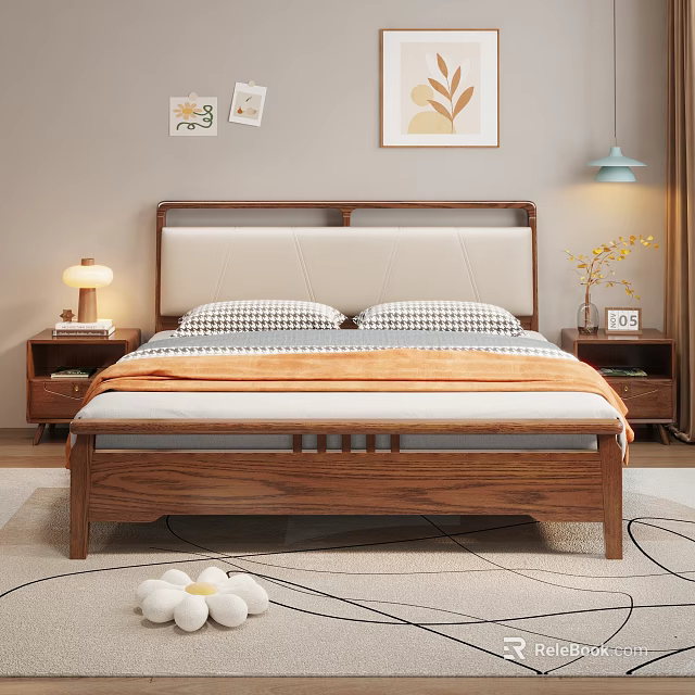 Modern Bedroom Interior With Wooden Bed Upholstered Headboard Nightstands Table Lamp And Area Rug 3d model 