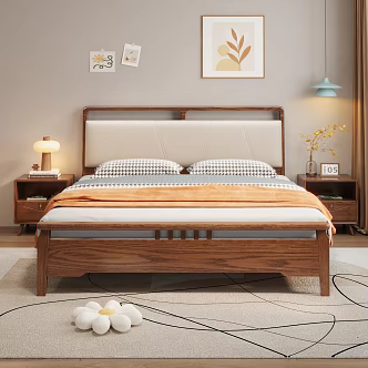Nordic Bedroom Solid Wood Double Bed Walnut Bed 3d model