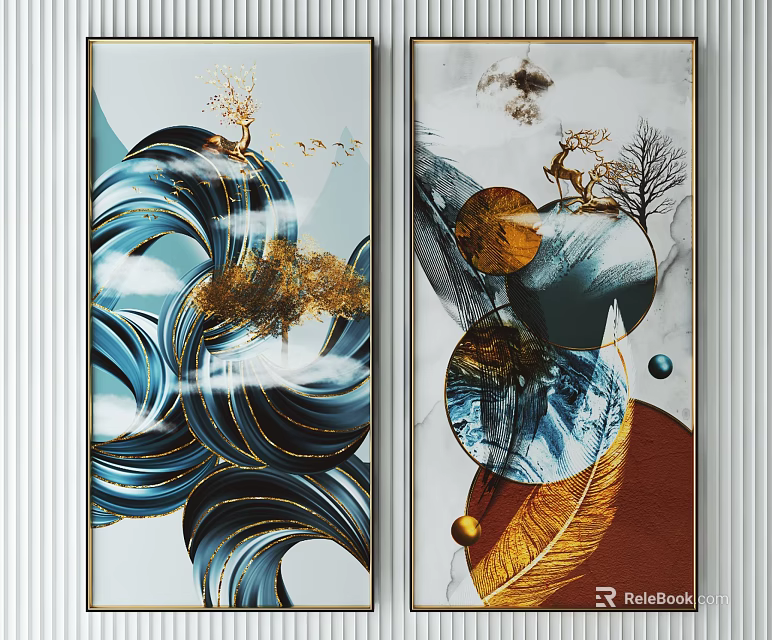 Modern Decorative Paintings With Blue Waves Golden Trees Deer And Feather 3d model 