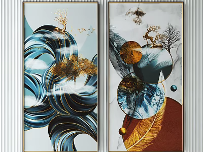 Modern Decorative Paintings With Blue Waves Golden Trees Deer And Feather 3d model