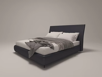Modern Double Bed With Black Headboard White Mattress Two Pillows And Grey Blanket 3d model