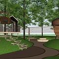 Outdoor Children's Playground With Wooden Climbing Structure Swing Green Trees And Grassy Area