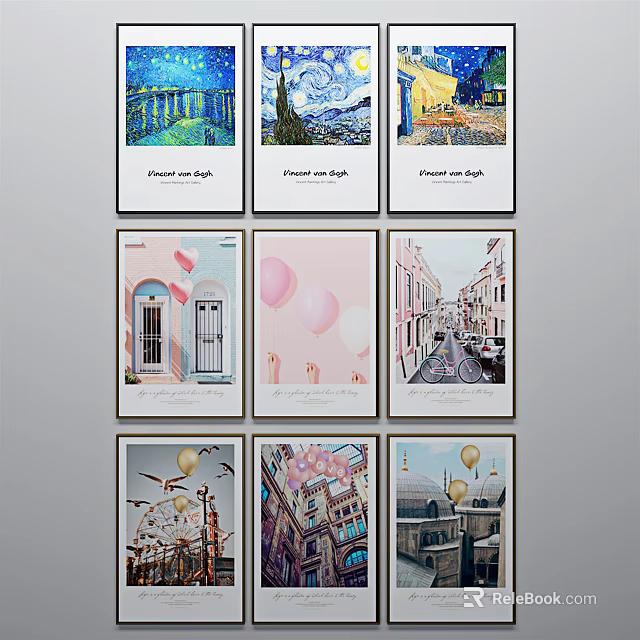 Collection of Nine Diverse Art Prints for Home Wall Decor 3d model 