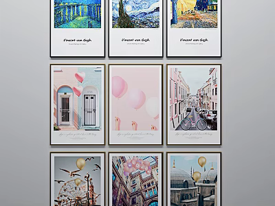 Collection of Nine Diverse Art Prints for Home Wall Decor 3d model