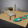 Beach Setup Featuring Wooden Lounge Chair With White Cushion Wooden Chest Hammock And Colorful Surfboard