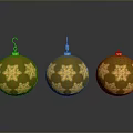 Golden Christmas Ornaments With Snowflake Patterns And Hooks On Gray Background