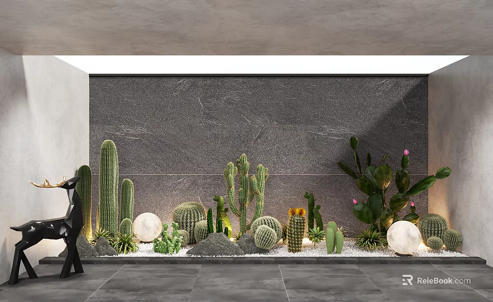 Modern Indoor Cactus Bonsai Potted Plants With Various Types Decorative Stones And White Spherical Ornaments 3d model 