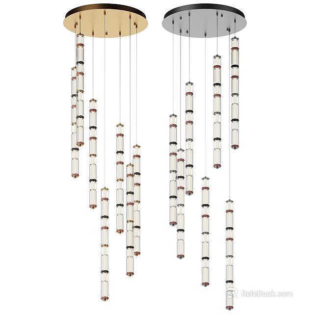 Modern Artistic Chandelier with Multiple Vertical Hanging Cylindrical Elements and Gold Accents 3d model 