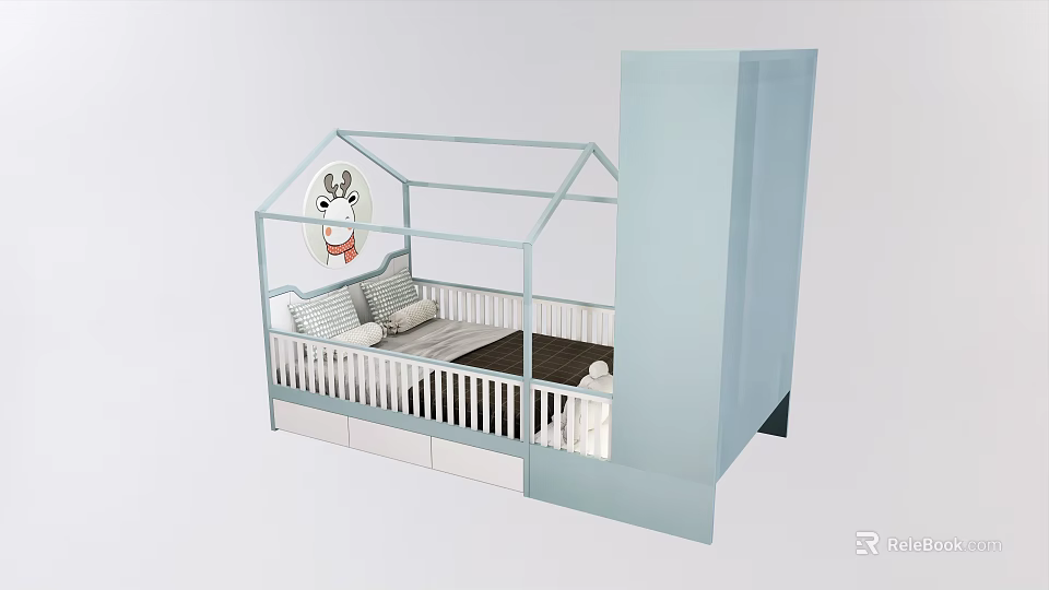 Light Blue Children's Bed With House Shaped Frame Storage Drawers And Cartoon Decoration 3d model 