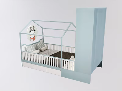 Light Blue Children's Bed With House Shaped Frame Storage Drawers And Cartoon Decoration 3d model