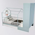 Light Blue Children's Bed With House Shaped Frame Storage Drawers And Cartoon Decoration