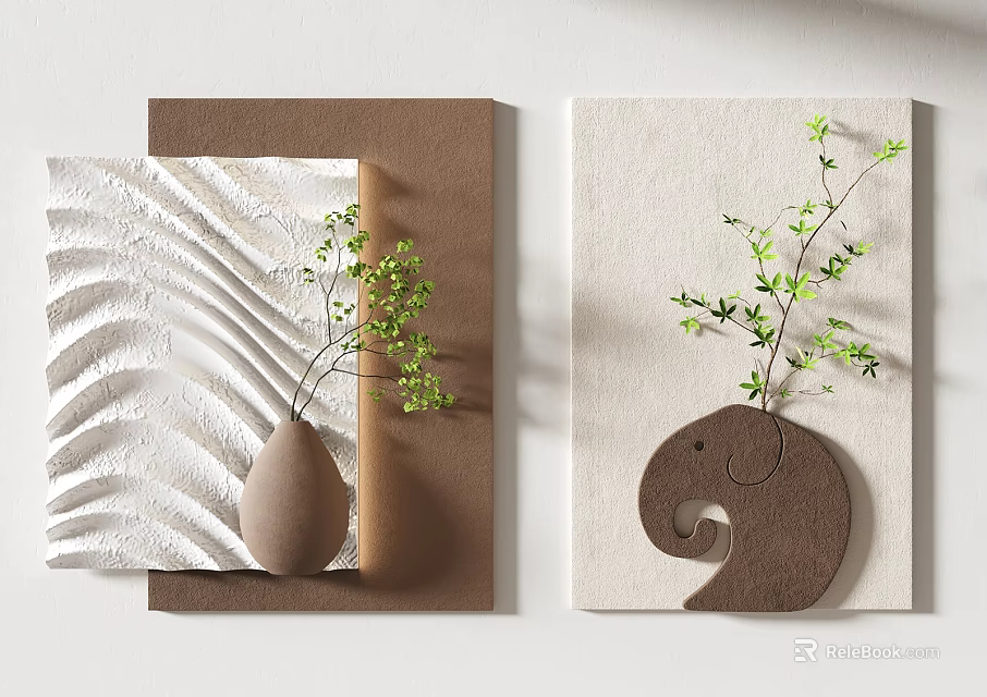 Creative Wall Decor Featuring Elephant Shape Vase Wave Texture And Green Plants 3d model