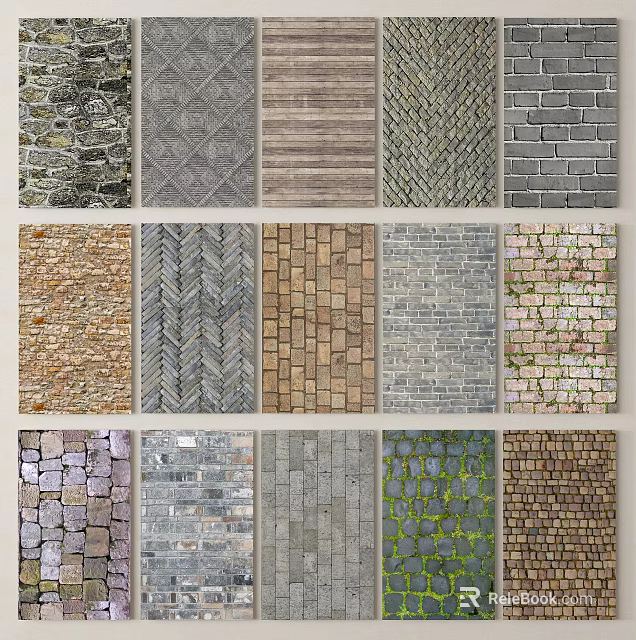 Various Decorative Wall Texture Samples With Stone Brick And Wood Patterns 3d model