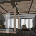 Hotel Guest Room Interior Design With Wooden Ceiling Large Windows Sofa Bed And Rug