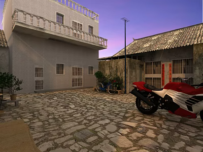 Garden Landscape With Stone Paved Courtyard White Building Tile Roof And Red Motorcycle 3d model