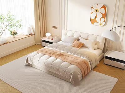 Double Bed with Beige Bedding Multiple Pillows Orange Throw Nightstands and Floral Wall Art 3d model