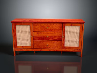 Classic Solid Wood Cabinet With Three Drawers And Woven Side Panels 3d model