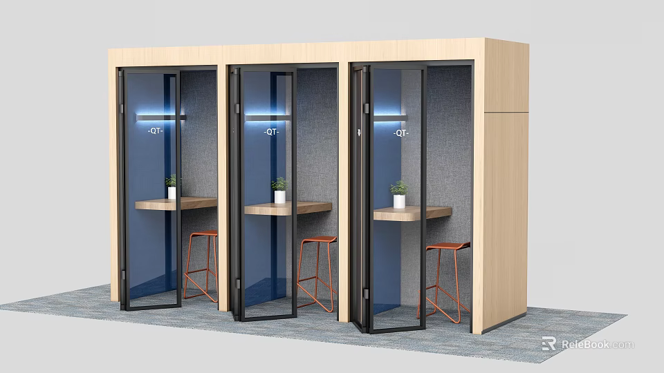 Private Office Booths With Glass Doors Wooden Frames Small Tables And Bar Stools 3d model 