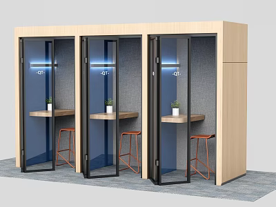 Private Office Booths With Glass Doors Wooden Frames Small Tables And Bar Stools 3d model