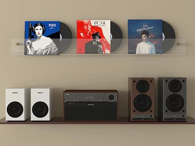 Hi Fi Stereo Audio System With Vinyl Records Wall Display And Speakers 3d model