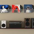 Hi Fi Stereo Audio System With Vinyl Records Wall Display And Speakers